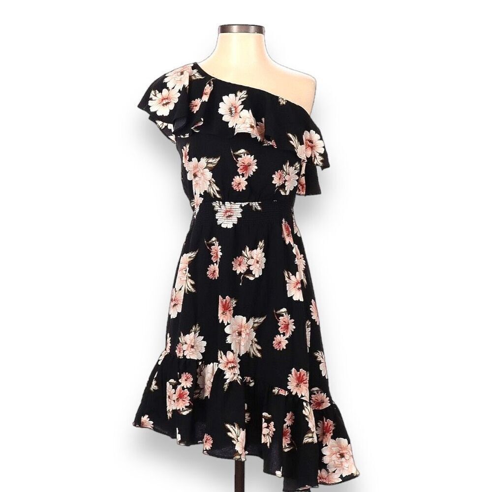 JOA Casual Dress Womens Size Small Black Floral‎ One Shoulder Asymmetrical Midi